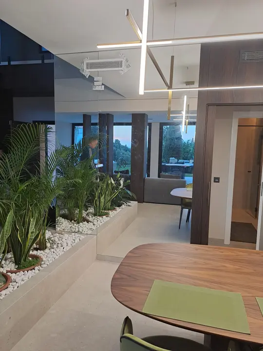 Espejo a medida en salón con jardín interior
